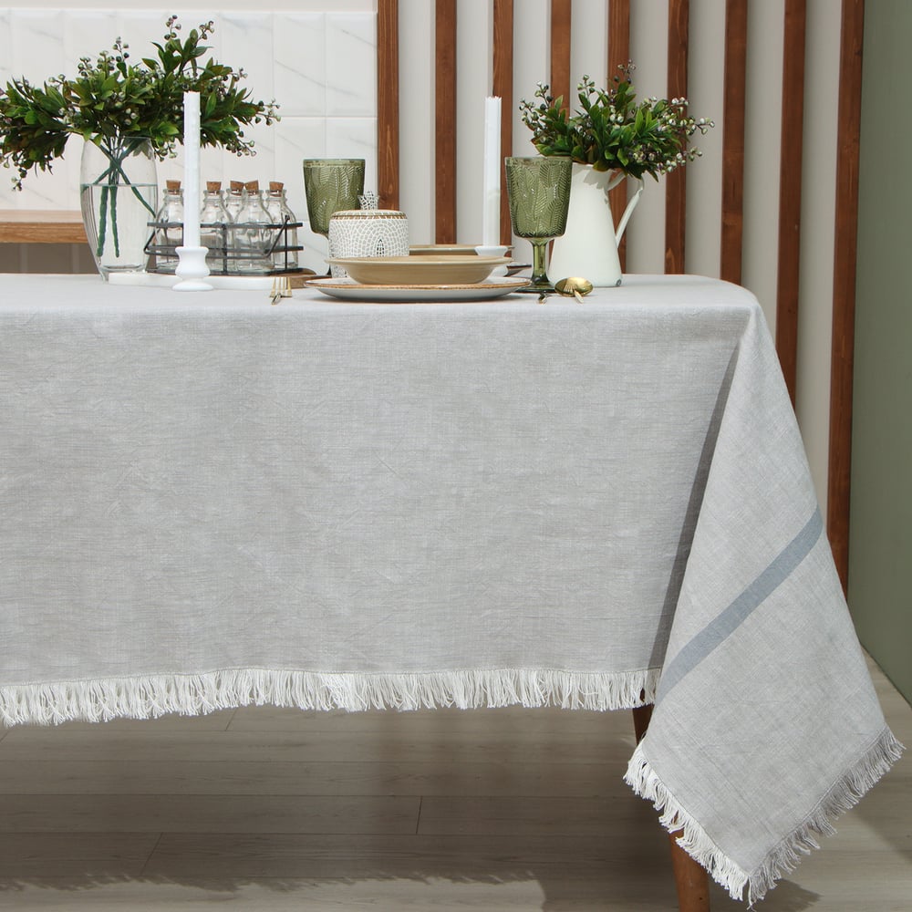 Изображение товара Скатерть Этель серый 152x305 см из 100% хлопка с бахромой