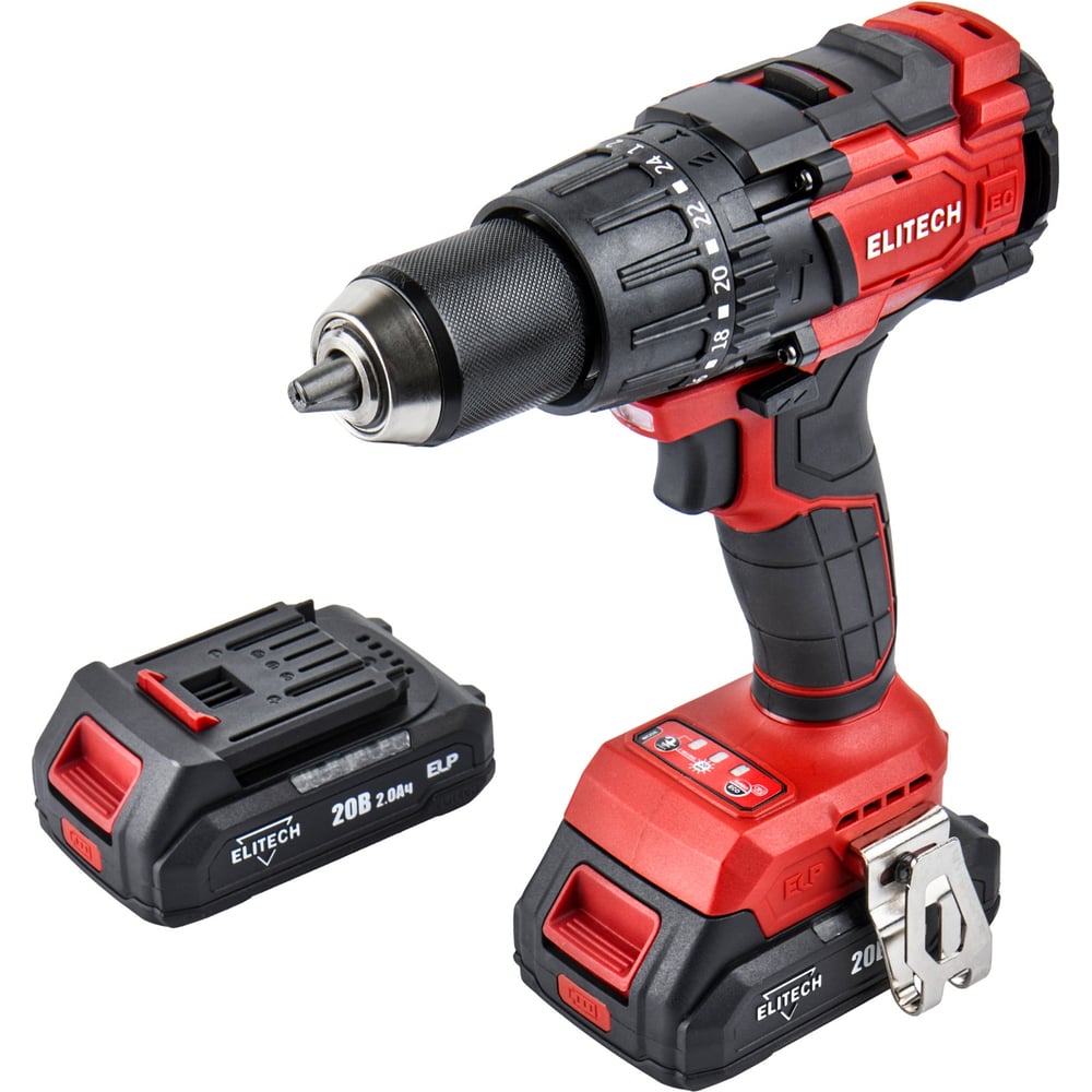 Изображение товара Аккумуляторная дрель Elitech ДА 21УБЛ2 с функцией удара, двухскоростная, 20 В, Li-Ion, комплект 2 а