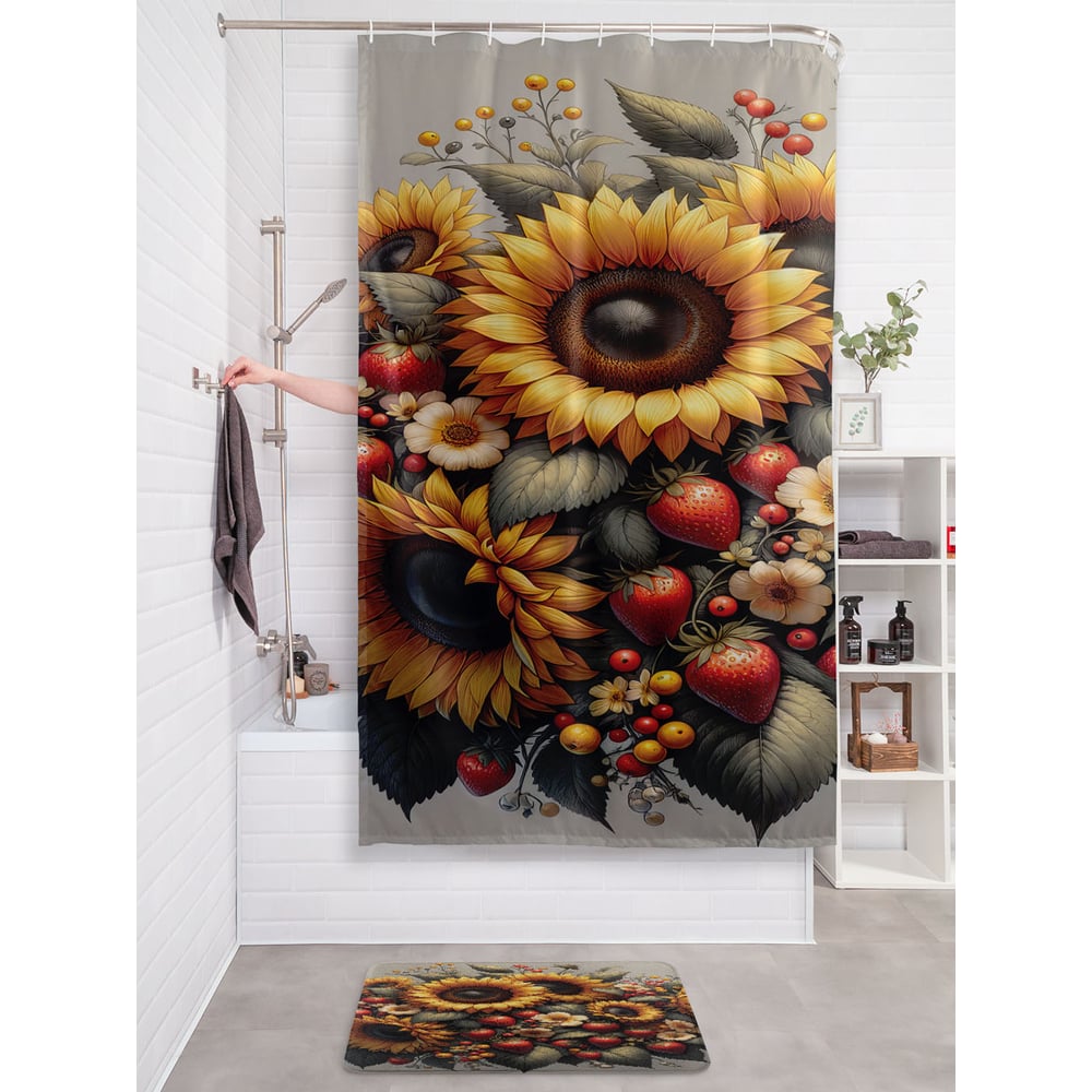Изображение товара Штора занавеска для ванной JOYARTY Клубника и подсолнух 180x200 см