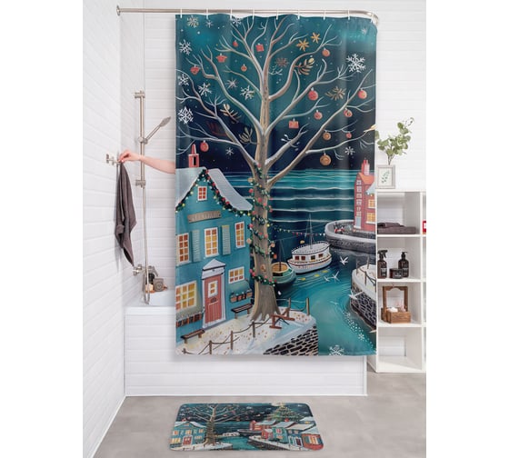 Изображение товара Штора занавеска для ванной тканевая JOYARTY Зимний городок 180x200 см, серия Новый год и Рождество sc_sd3985