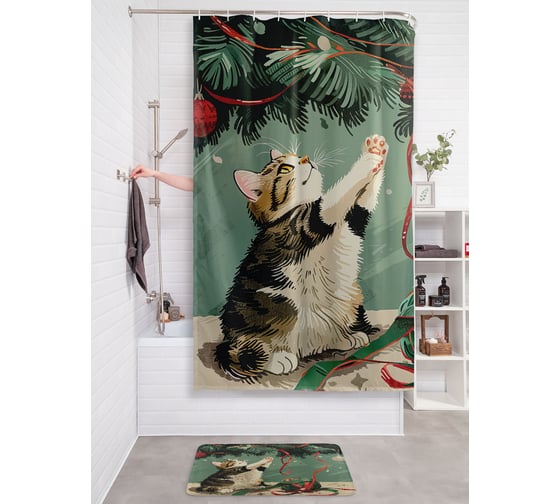 Изображение товара Штора занавеска для ванной тканевая JOYARTY Игра с ленточкой 180x200 см, серия Новый год и Рождество sc_sd3979