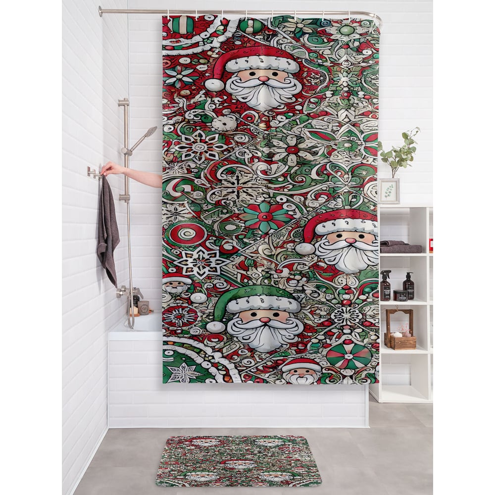 Изображение товара Штора занавеска для ванной тканевая JOYARTY Красный нос 180x200 см новогодний дизайн