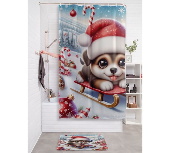 Изображение товара Штора занавеска для ванной тканевая JOYARTY Веселая прогулка 180x200 см, серия Новый год и Рождество sc_sd3866