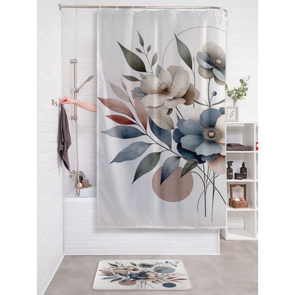 Изображение товара Штора занавеска для ванной JOYARTY Геометрия цветов 180x200 см тканевая