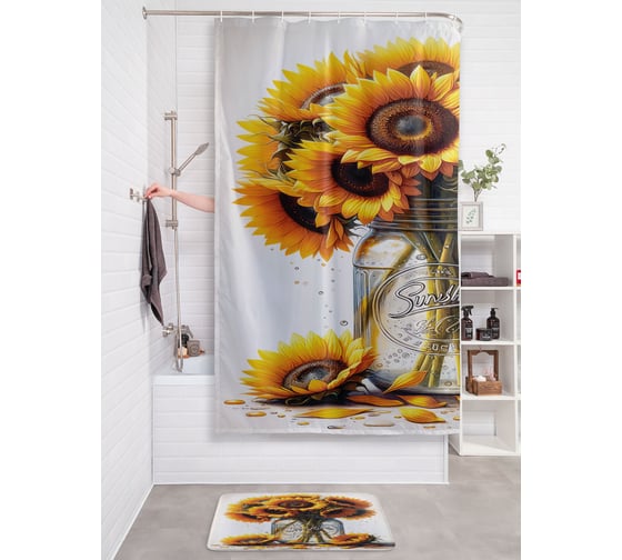 Изображение товара Штора занавеска для ванной тканевая JOYARTY Букет подсолнухов 180x200 см, sc_sd3447