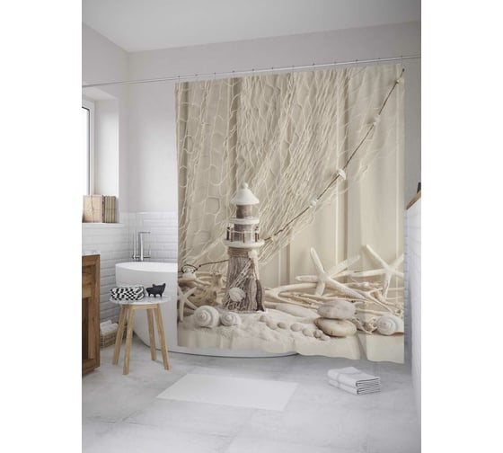 Изображение товара Штора (занавеска) для ванной JoyArty "Маяк с декорациями" из сатена, 180х200 см с крючками sc_9000