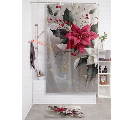 Изображение товара Штора для ванной тканевая JOYARTY "Лиственные цветы" 180x200 см , серия Новый год и Рождество sc_sd3907