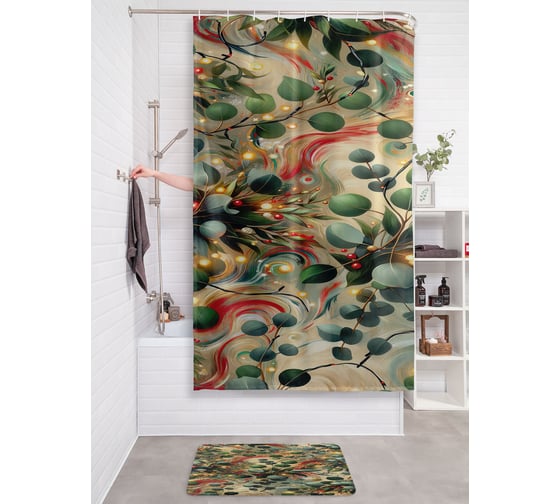 Изображение товара Штора для ванной тканевая JOYARTY "Листья в огоньках" 180x200 см , серия Новый год и Рождество sc_sd3948