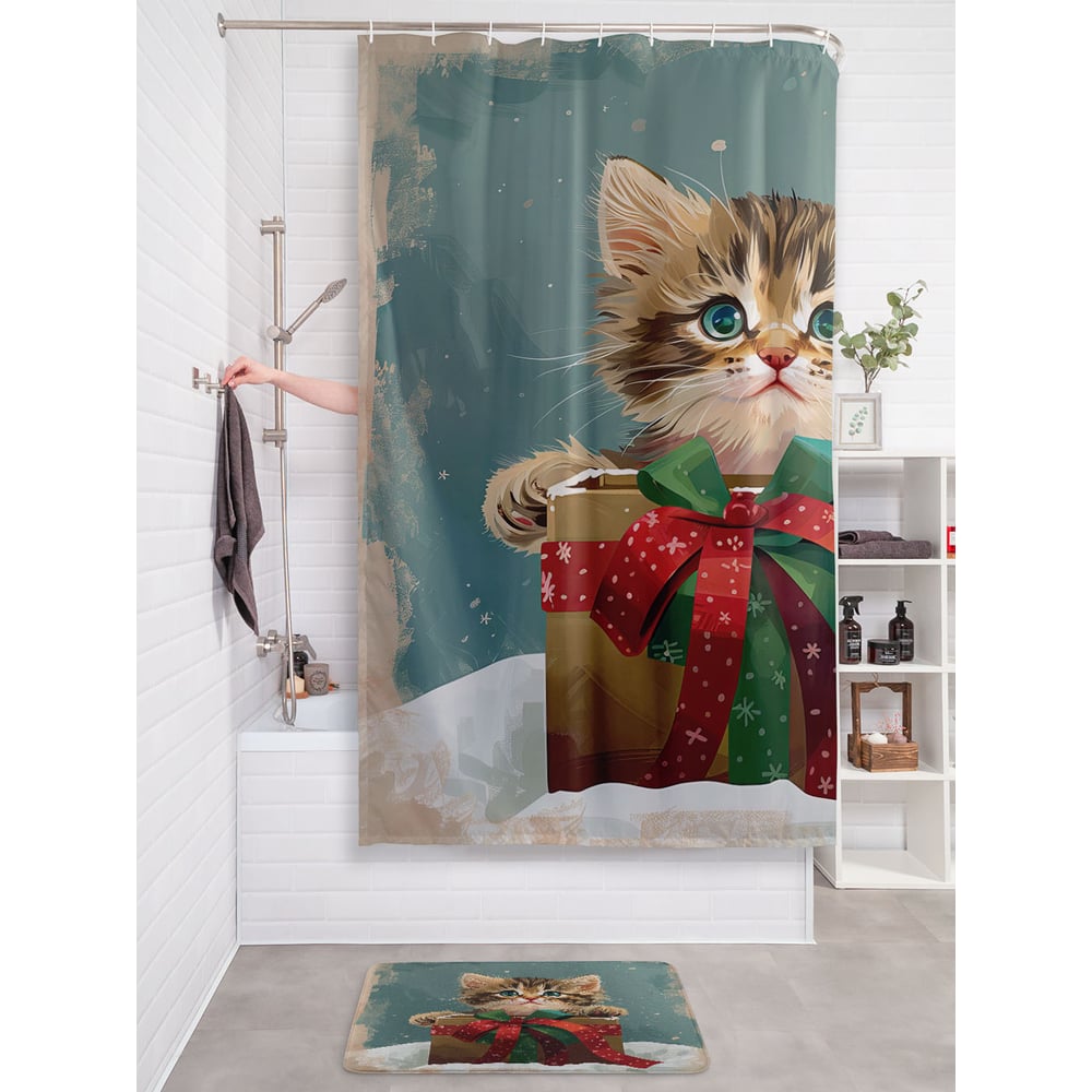 Изображение товара Штора для ванной тканевая JOYARTY Новогодний подарок 180x200 см, праздничный дизайн