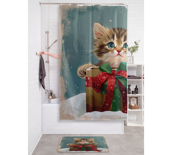 Изображение товара Штора для ванной тканевая JOYARTY "Новогодний подарок" 180x200 см , серия Новый год и Рождество sc_sd3976