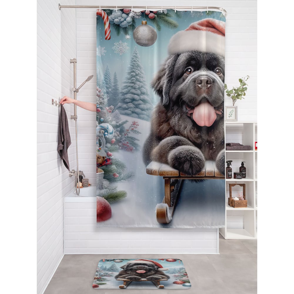 Изображение товара Штора для ванной тканевая JOYARTY "Пес на санках" 180x200 см , серия Новый год и Рождество sc_sd3867