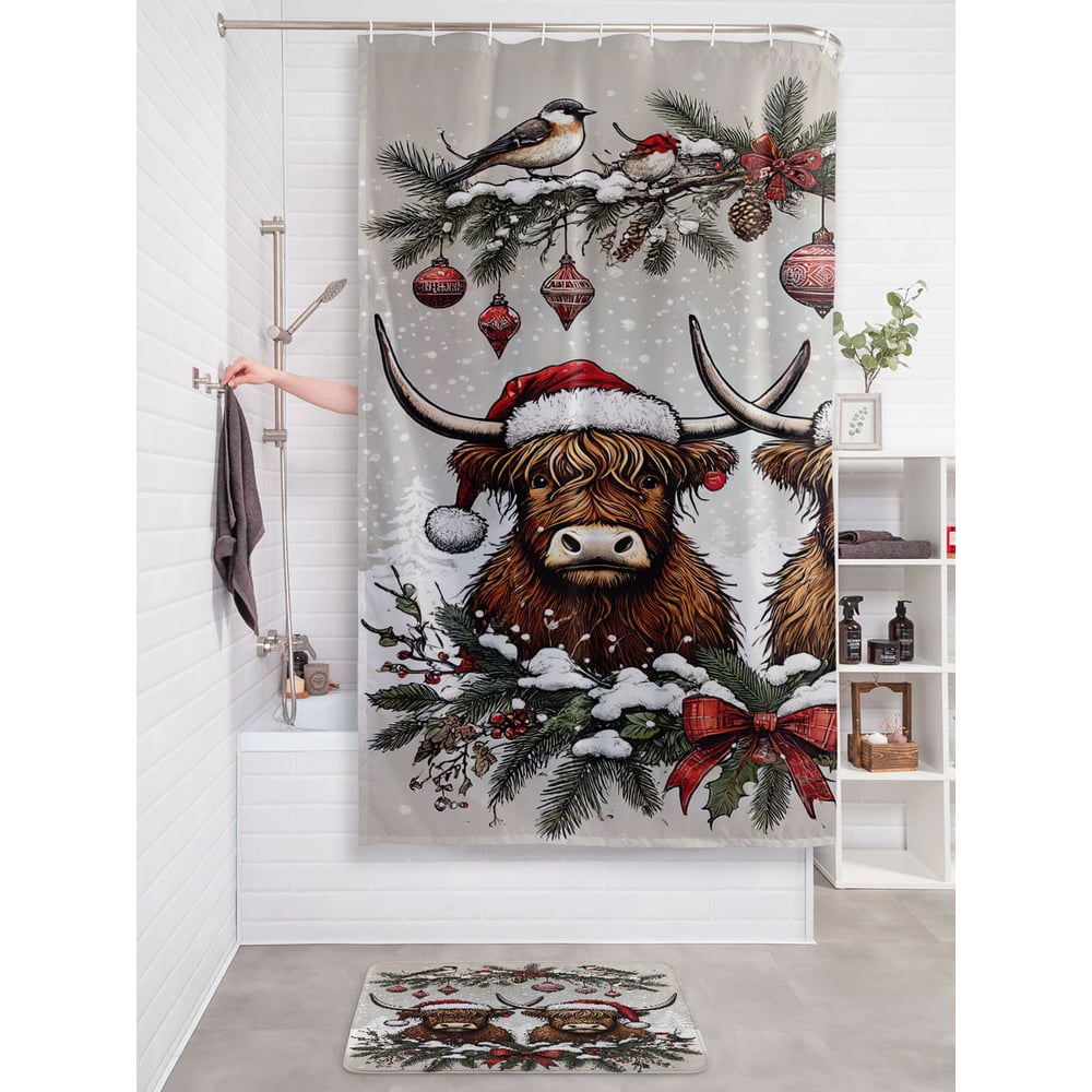 Изображение товара Штора для ванной тканевая JOYARTY Новогодние быки 180x200 см стильный дизайн