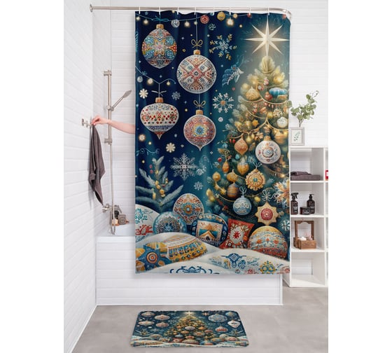 Изображение товара Штора для ванной тканевая JOYARTY "Праздничная елка" 180x200 см , серия Новый год и Рождество sc_sd3926