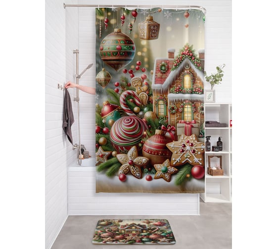 Изображение товара Штора для ванной тканевая JOYARTY "Праздничный дом" 180x200 см , серия Новый год и Рождество sc_sd3881