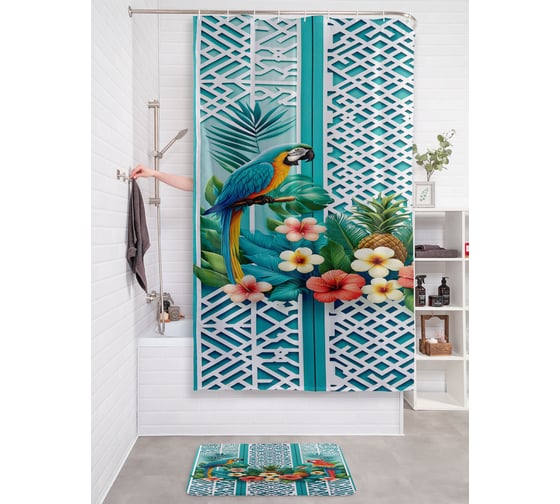 Изображение товара Штора занавеска для ванной тканевая JOYARTY Тропические попугаи 180x200 см, sc_sd3415
