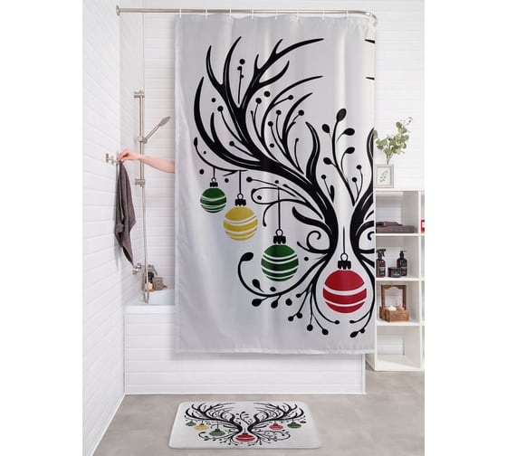 Изображение товара Штора занавеска для ванной тканевая JOYARTY Древо в украшениях 180x200 см, серия Новый год и Рождество sc_sd3962