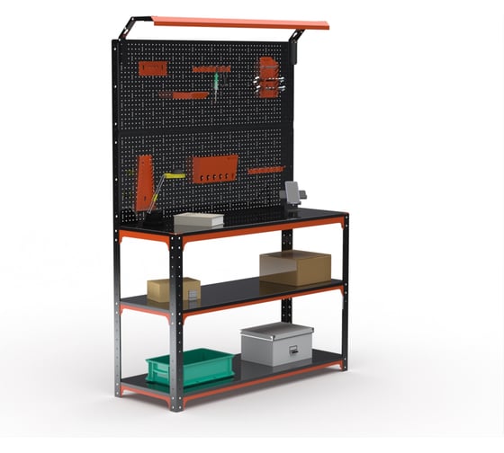 Изображение товара Стол-верстак ООО Металекс KIT 950х1600х500 (2-е полки, двойная перфопанель с комплектом освещения) (оранжево-чёрный) / 204838