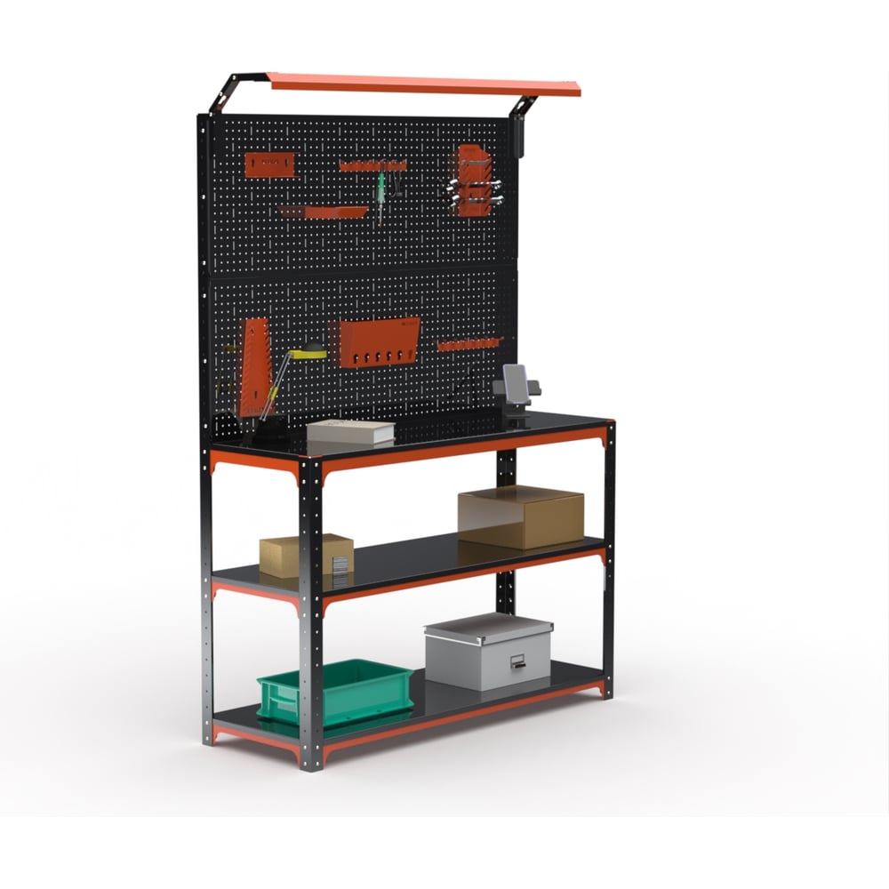 Изображение товара Стол-верстак ООО Металекс KIT 950х1400х400 (2-е полки, двойная перфопанель с комплектом освещения) (оранжево-чёрный) / 204827