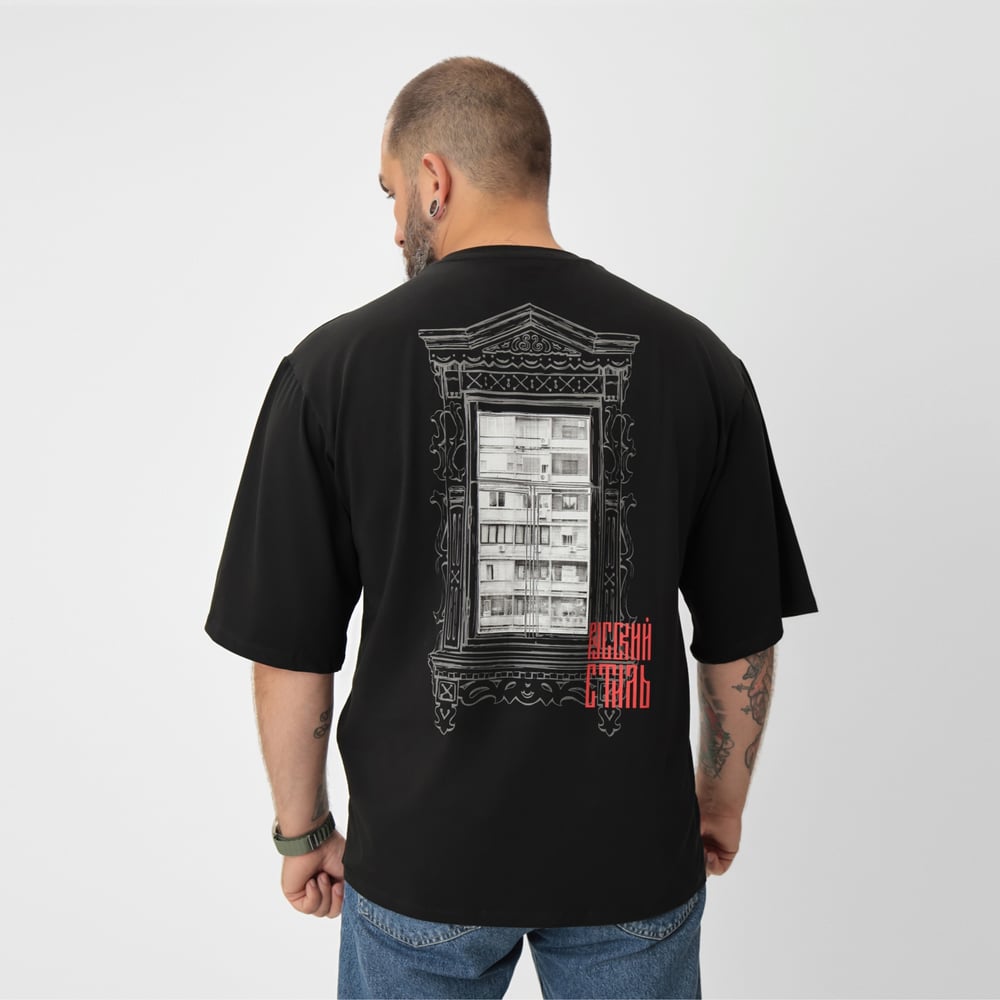 Изображение товара Мужская футболка MIST Русский стиль черная размер 46 хлопок эластан