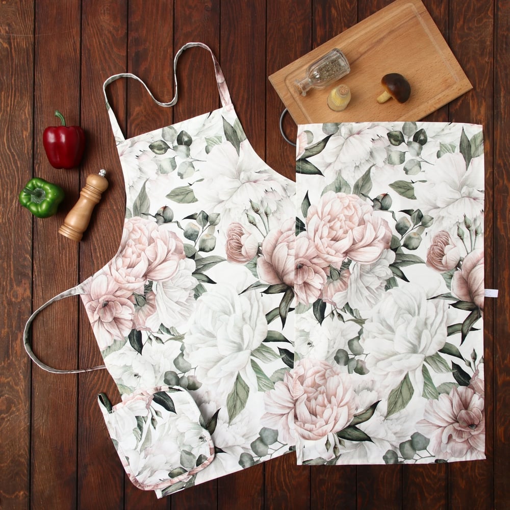 Изображение товара Кухонный набор Этель Пионы полотенце прихватка и фартук 60x65 см