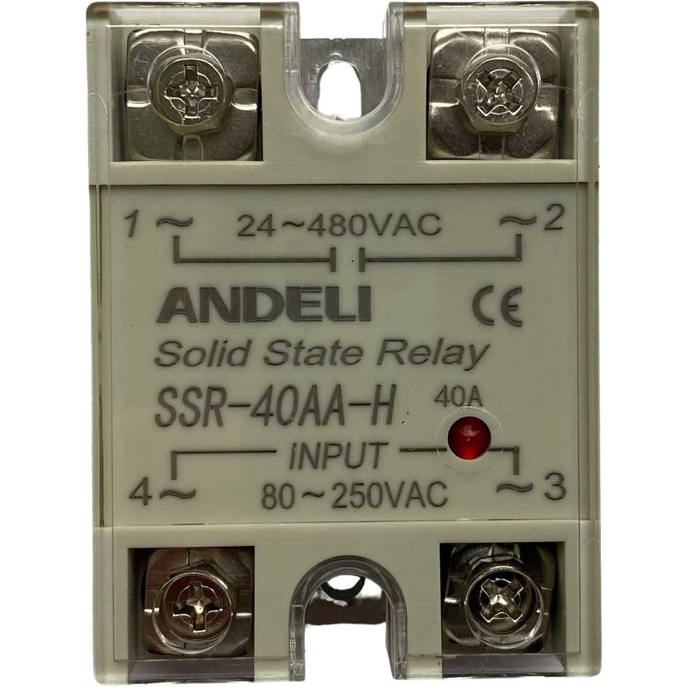 Изображение товара Твердотельное реле ANDELI SSR-40AA-H 40A Управляющее напряжение 80-250V AC 24-480V AC артикул ADL09-255 Изображение товара Твердотельное реле ANDELI SSR-40AA-H 40A Управляющее напряжение 80-250V AC 24-480V AC артикул ADL09-255