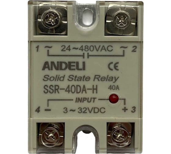 Изображение товара Твердотельное реле SSR-40DA-H ANDELI 40A Управляющее напряжение 3-32V DC нагрузка 24-480V AC артикул ADL09-254
