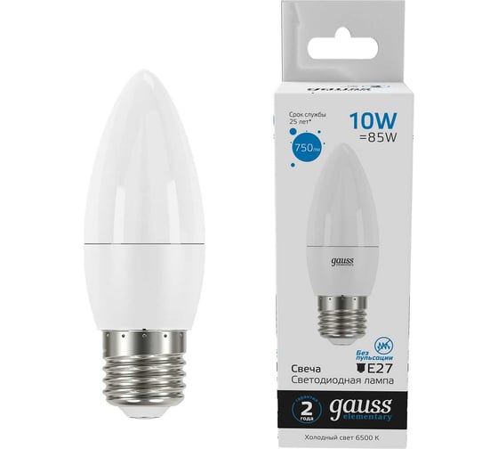 Изображение товара Лампа GAUSS Elementary Свеча 10W 750lm 6500K E27 LED 1/10/100 30230
