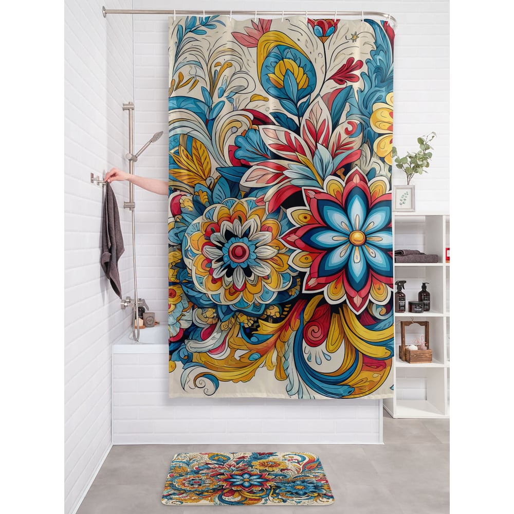 Изображение товара Штора для ванной тканивая JOYARTY "Роспись хохлома" 180x200 см