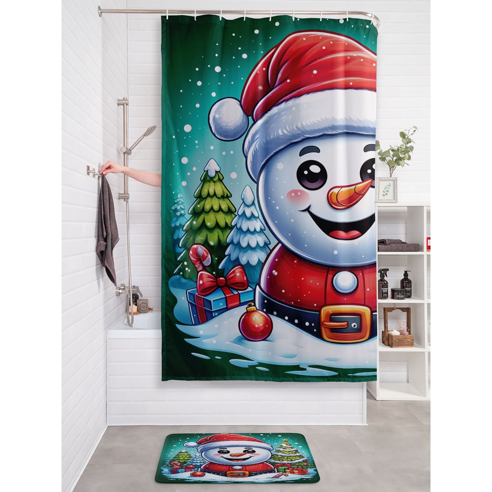 Изображение товара Штора занавеска для ванной JOYARTY Снеговик с подарками 180x200 см