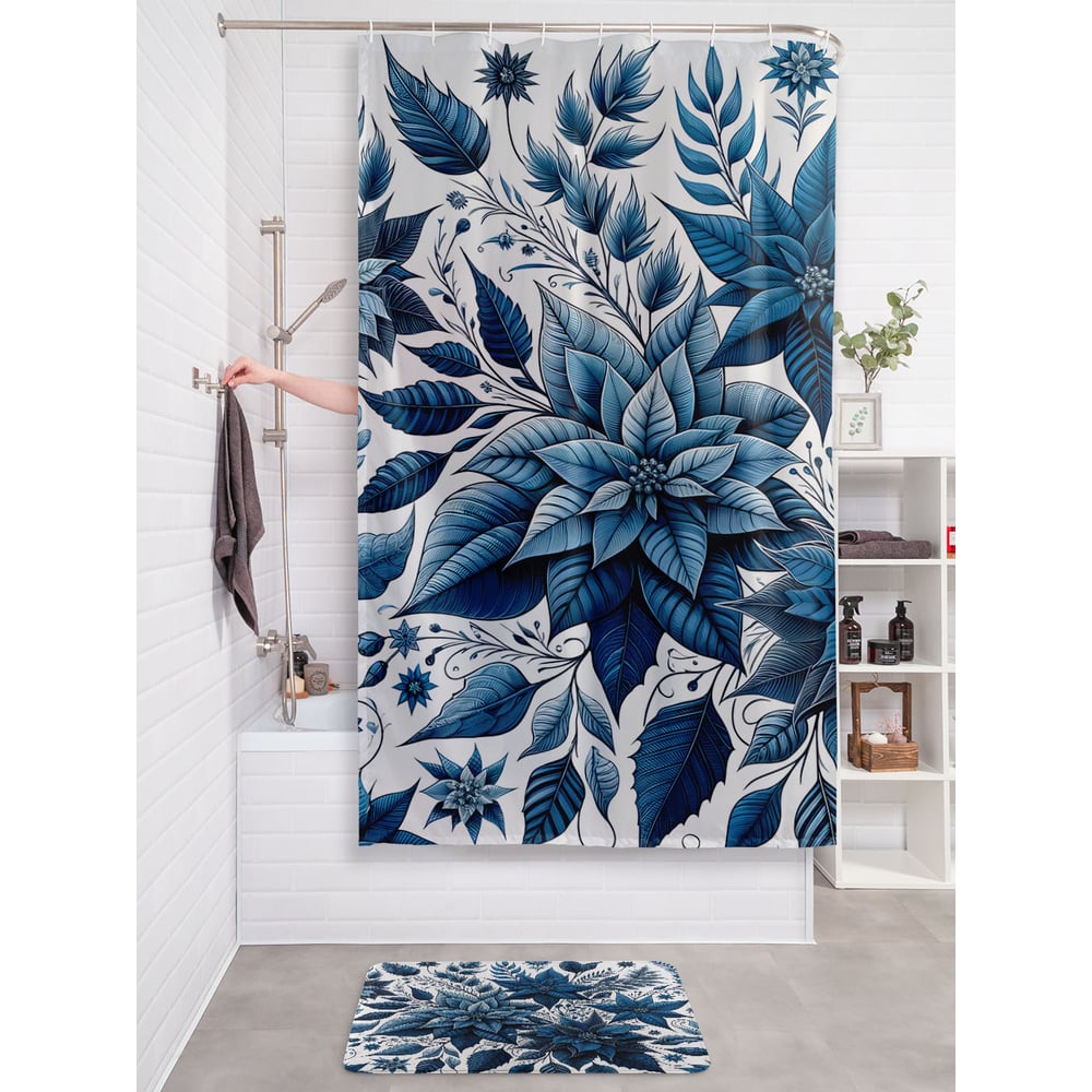 Изображение товара Штора занавеска для ванной тканевая JOYARTY Синяя листва 180x200 см серия Новый год и Рождество