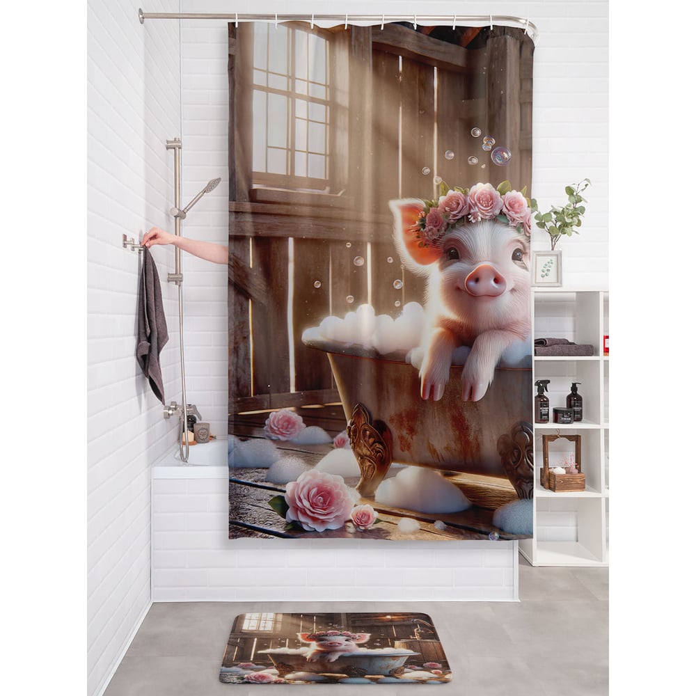 Изображение товара Штора занавеска для ванной тканевая JOYARTY Хрюша с розами 180x200 см