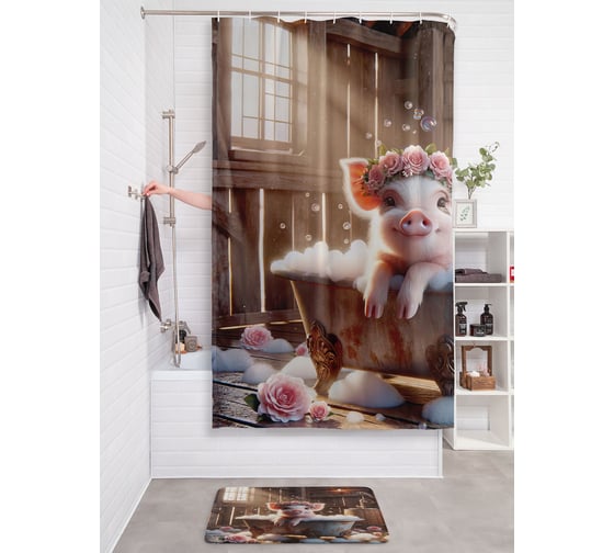 Изображение товара Штора занавеска для ванной тканевая JOYARTY "Хрюша с розами" 180x200 см, sc_sd3576