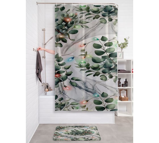 Изображение товара Штора занавеска для ванной тканевая JOYARTY "Эвкалипт в огоньках" 180x200 см, серия Новый год и Рождество sc_sd3946