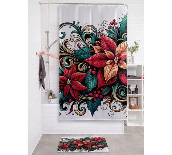 Изображение товара Штора занавеска для ванной тканевая JOYARTY "Шары в цветах" 180x200 см, серия Новый год и Рождество sc_sd3911