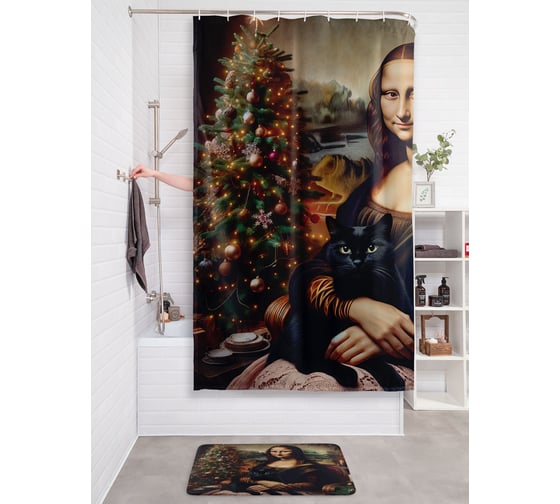 Изображение товара Штора занавеска для ванной тканевая JOYARTY "Уютным вечером" 180x200 см, серия Новый год и Рождество sc_sd3893