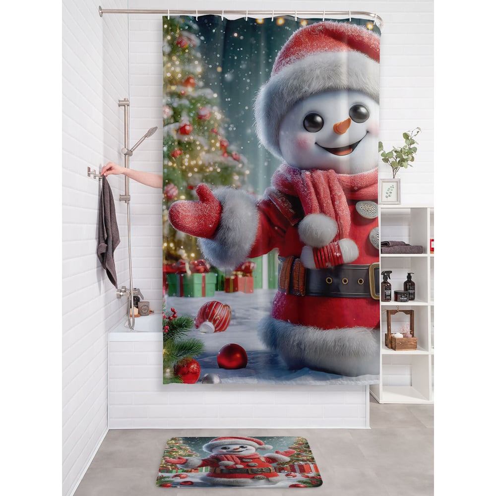 Изображение товара Штора занавеска для ванной тканевая JOYARTY "Счастливый снеговик" 180x200 см, серия Новый год и Рождество sc_sd3928