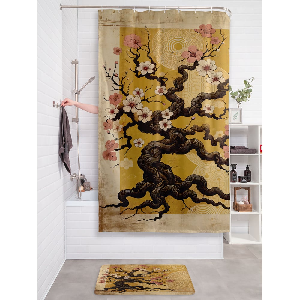 Изображение товара Штора занавеска для ванной JOYARTY Сакура 180x200 см водоотталкивающая тканевая