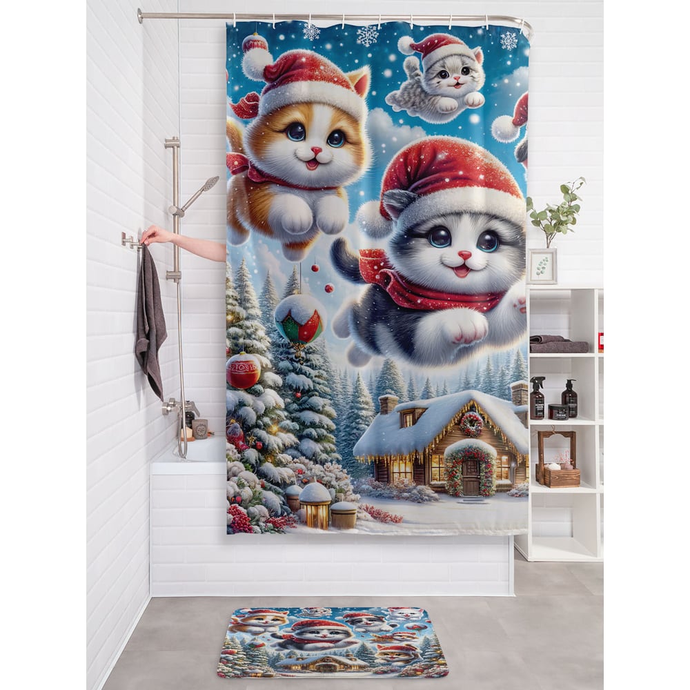 Изображение товара Штора занавеска для ванной тканевая JOYARTY Рождественские котики 180x200 см