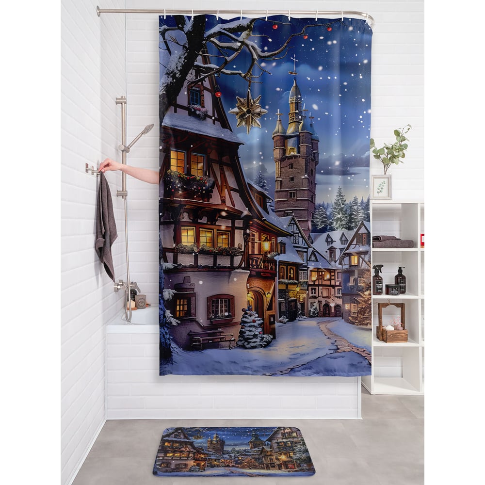 Изображение товара Штора занавеска для ванной тканевая JOYARTY "Снежная ночь" 180x200 см серия Новый год