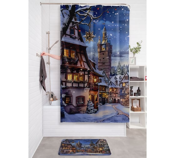 Изображение товара Штора занавеска для ванной тканевая JOYARTY "Снежная ночь" 180x200 см, серия Новый год и Рождество sc_sd3983