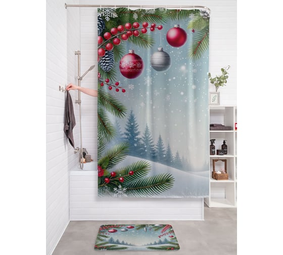 Изображение товара Штора занавеска для ванной тканевая JOYARTY "Утро в лесу" 180x200 см, серия Новый год и Рождество sc_sd3954