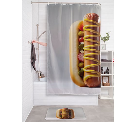 Изображение товара Штора занавеска для ванной тканевая JOYARTY "Хот-дог" 180x200 см, sc_sd3454