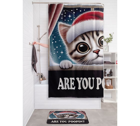 Изображение товара Штора занавеска для ванной тканевая JOYARTY "Удивленный котик" 180x200 см, серия Новый год и Рождество sc_sd4007