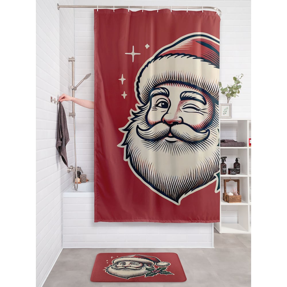 Изображение товара Штора занавеска для ванной тканиная JOYARTY Счастливый Дед Мороз 180x200 см серия Новый год
