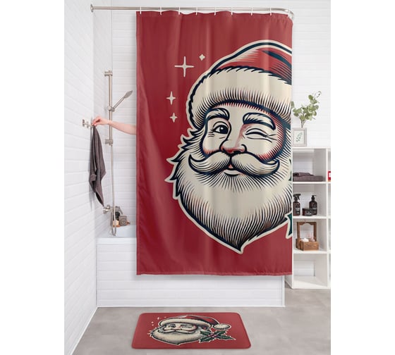Изображение товара Штора занавеска для ванной тканевая JOYARTY "Счастливый Дед Мороз" 180x200 см, серия Новый год и Рождество sc_sd3955