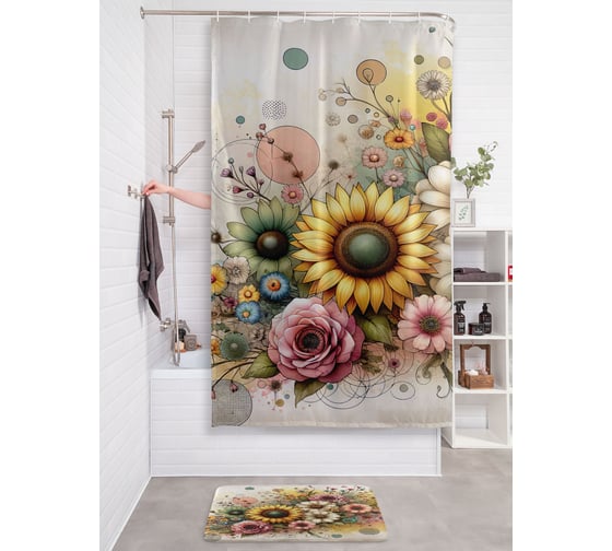 Изображение товара Штора занавеска для ванной тканевая JOYARTY "Роза и подсолнух" 180x200 см, sc_sd3564