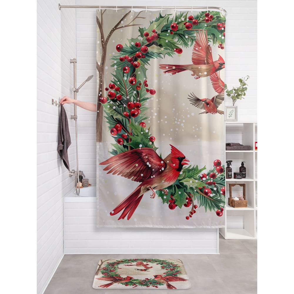 Изображение товара Штора занавеска для ванной тканевая JOYARTY "Рождественский венок" 180x200 см, серия Новый год и Рождество sc_sd3981
