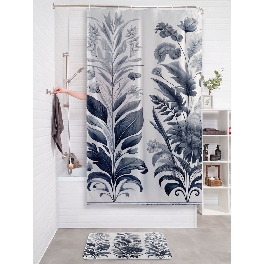 Изображение товара Штора занавеска для ванной тканевая JOYARTY Серые цветы 180x200 см