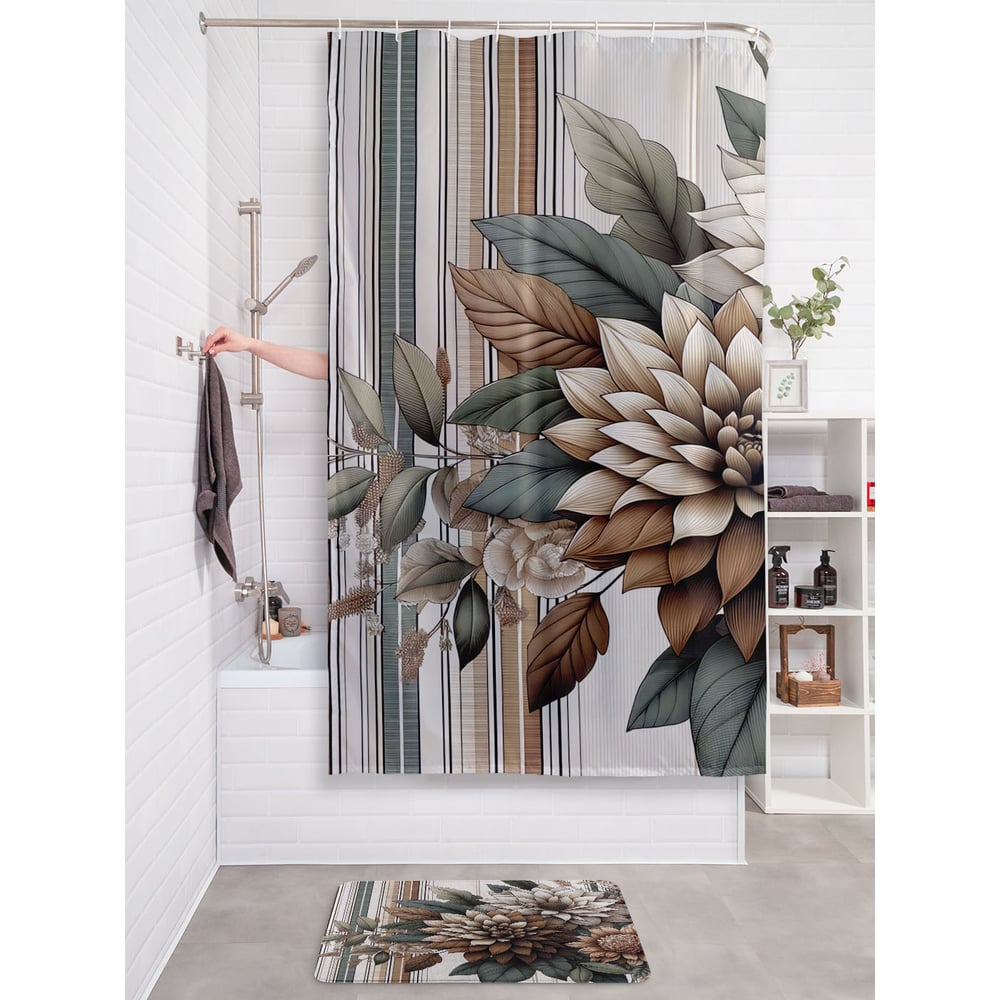 Изображение товара Штора занавеска для ванной тканеенная JOYARTY Цветы полоски 180x200 см