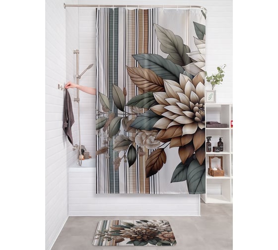 Изображение товара Штора занавеска для ванной тканевая JOYARTY "Цветы полоски" 180x200 см, sc_sd3511